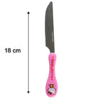 A pink Hello Kitty knife with a serrated edge, showing an 18 cm measurement.