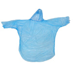 A translucent blue disposable rain poncho with a hood is spread out flat against a plain white background.