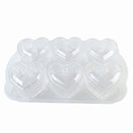 A clear plastic tray holds six heart-shaped bowls with lids, displaying dimensions of 33 cm length and 20 cm width.