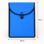 A blue plastic document folder with black trim and elastic closure, showing dimensions of 34 cm height and 26 cm width.
