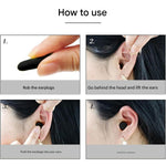 A four-panel grid illustrates how to use the earplugs, from rubbing them to inserting them into an ear.