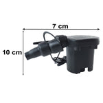 A hand presses a black electric air pump's nozzle into the clear valve of a blue inflatable mattress.