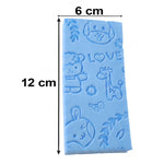 A blue exfoliating sponge with embossed animal patterns is shown with dimensions of 12 cm length and 6 cm width.