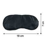 A black silk satin sleep mask with dimensions of 18 cm by 7 cm shown on a white background.