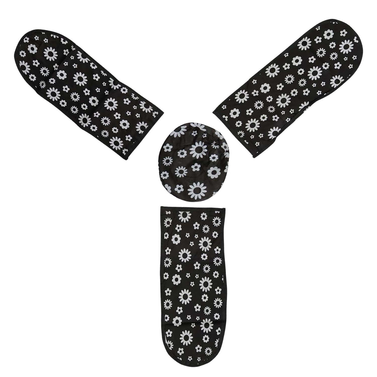 Four black and white floral dust covers, three long and one round, arranged on a white background.