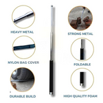 A silver metal baton with a black foam grip stands upright, surrounded by six circular insets highlighting its features.