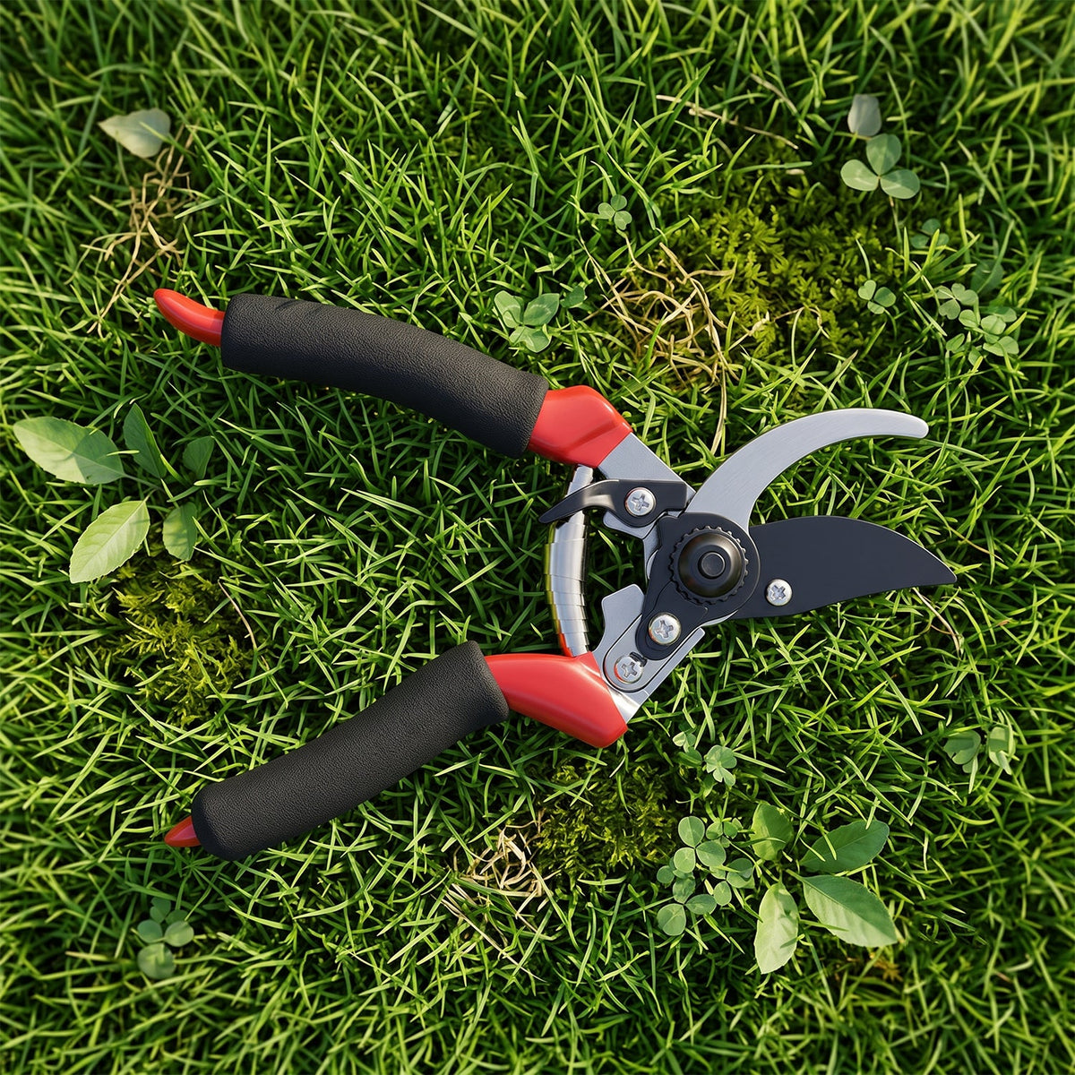 Red and black garden pruners with silver blades lying open on green grass with small clover leaves.