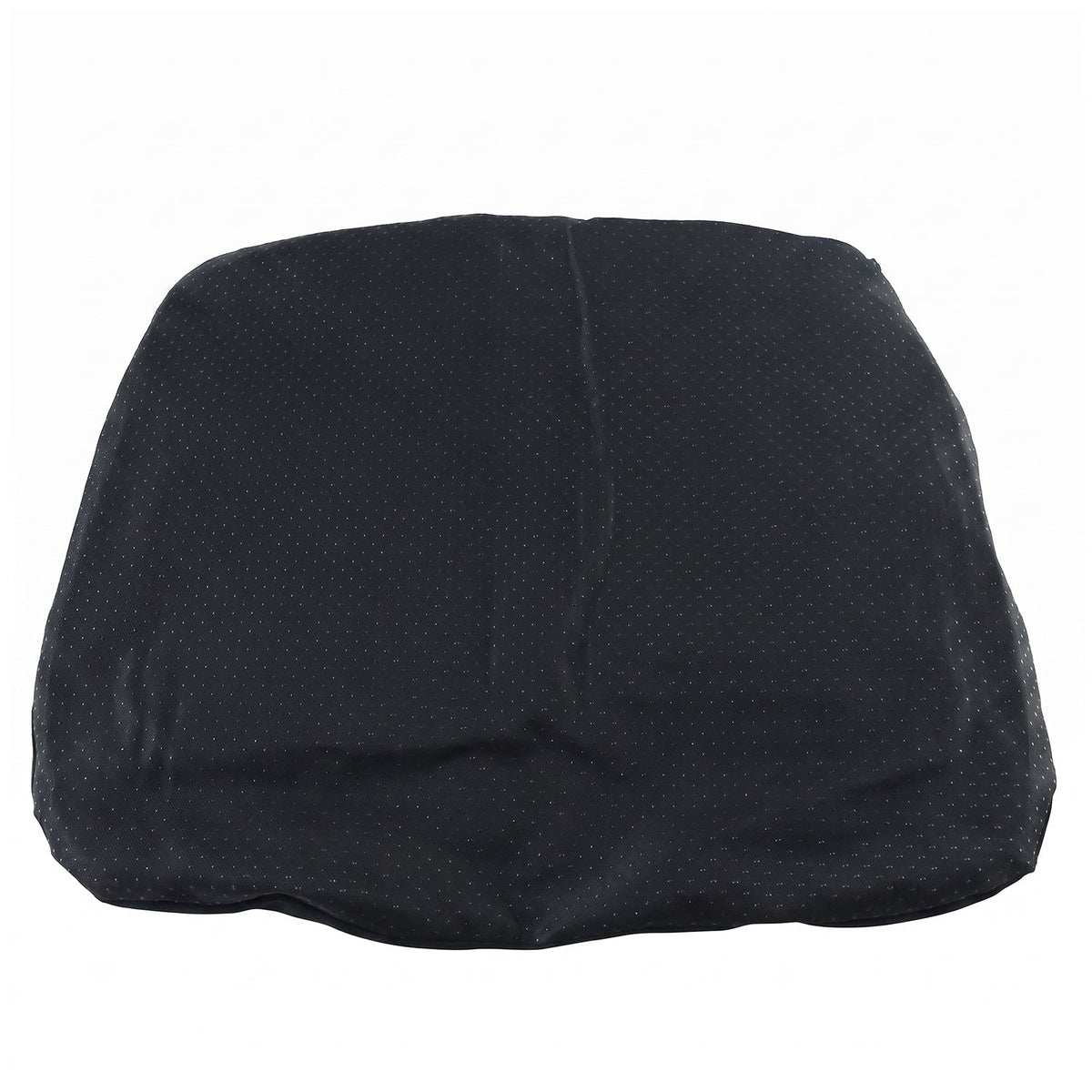 Top-down view of a black ergonomic seat cushion with a textured, dotted surface on a white background.