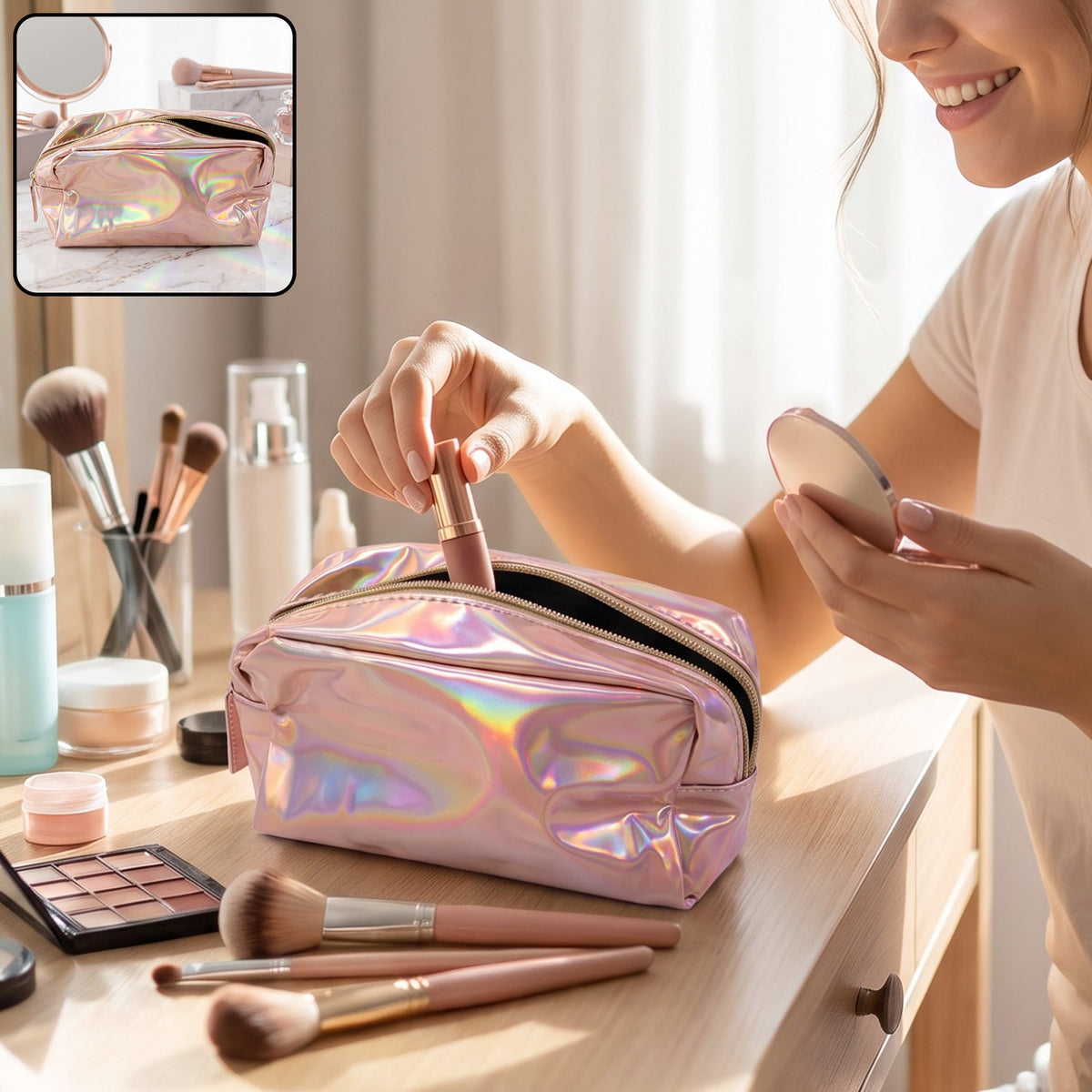 A woman applies lipstick, holding a holographic pink makeup bag with other cosmetics on a wooden vanity.