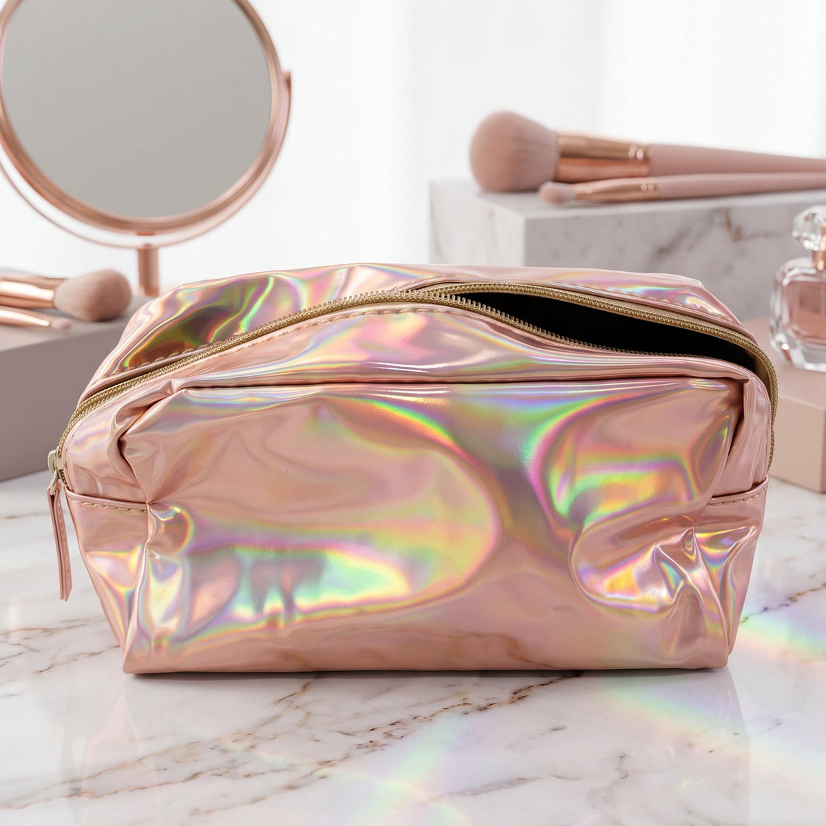 The holographic pink makeup bag is shown with its dimensions, 24 cm length and 10 cm width.