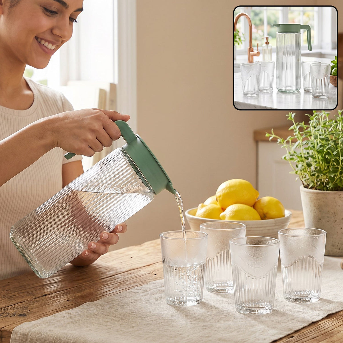 A woman pours water from a clear ribbed glass pitcher with a green lid into a matching glass tumbler on a wooden table.