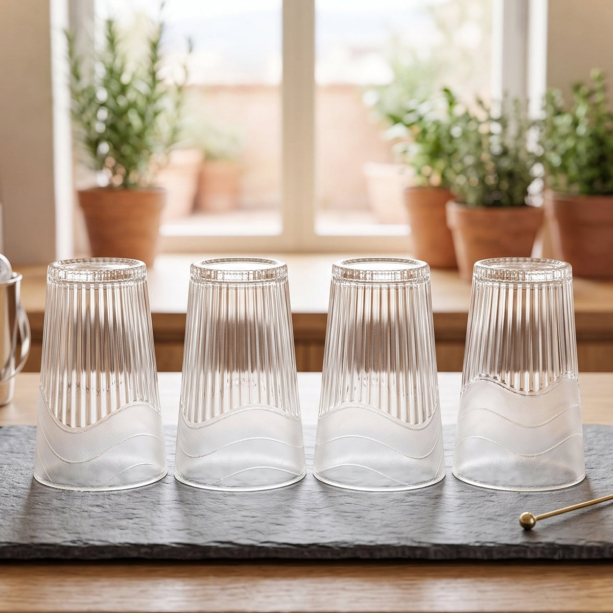 Glass Water Jug with Lid and 4 Glasses Set Ribbed Pitcher Carafe.