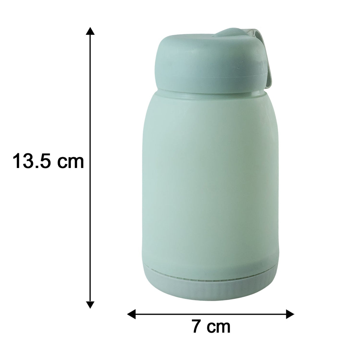 A mint green glass bottle with a bunny print is shown with its dimensions: 13.5 cm tall and 7 cm wide.