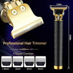 A close-up of the gold trimmer head and the full black and gold trimmer with dimensions and four guide combs below.