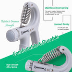 Close-up views of the white grip strength trainer highlighting its stainless steel spring and connection points.