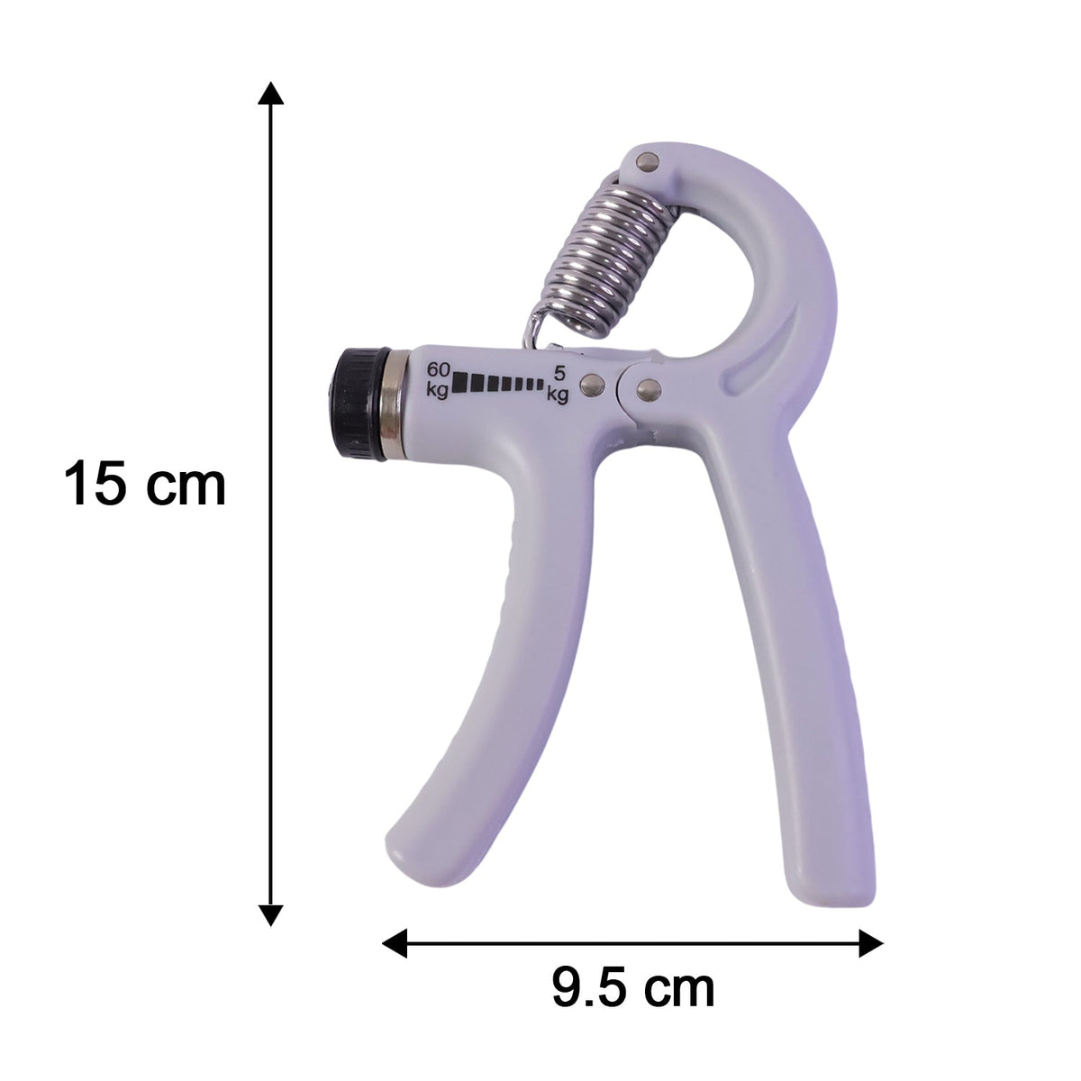 A gray adjustable grip strength trainer with a metal spring is shown with dimensions of 15 cm length and 9.5 cm width.