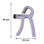 A gray adjustable grip strength trainer with a metal spring is shown with dimensions of 15 cm length and 9.5 cm width.