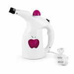 A white and pink handheld steamer with an apple logo, brush head, and power cord on a white background.