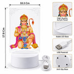 A Hanuman LED lamp with dimensions, highlighting its acrylic panel, stable base, and USB power features.