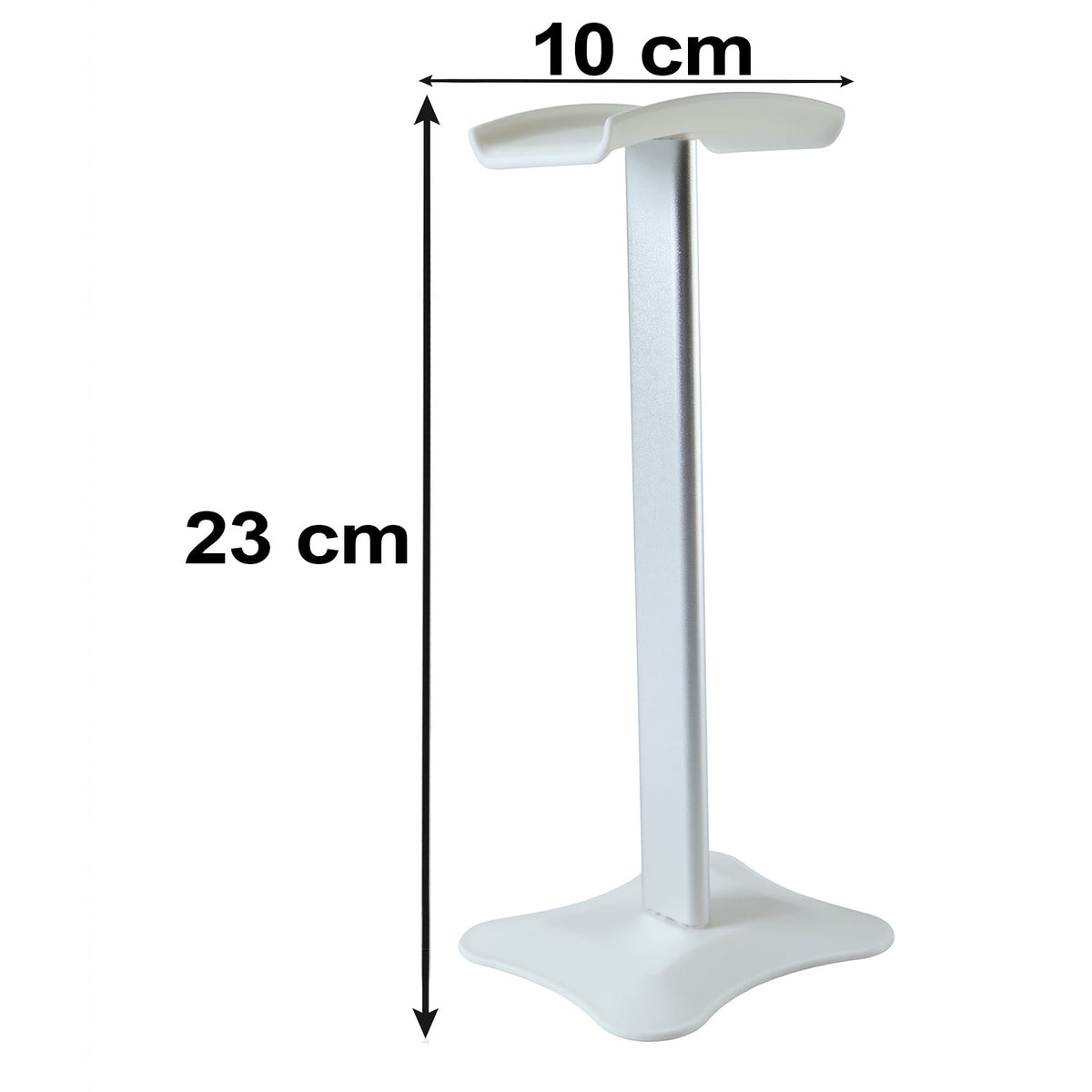 Silver headphone stand with a white base, displaying its dimensions of 23 cm height and 10 cm width.