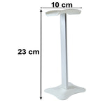 Silver headphone stand with a white base, displaying its dimensions of 23 cm height and 10 cm width.