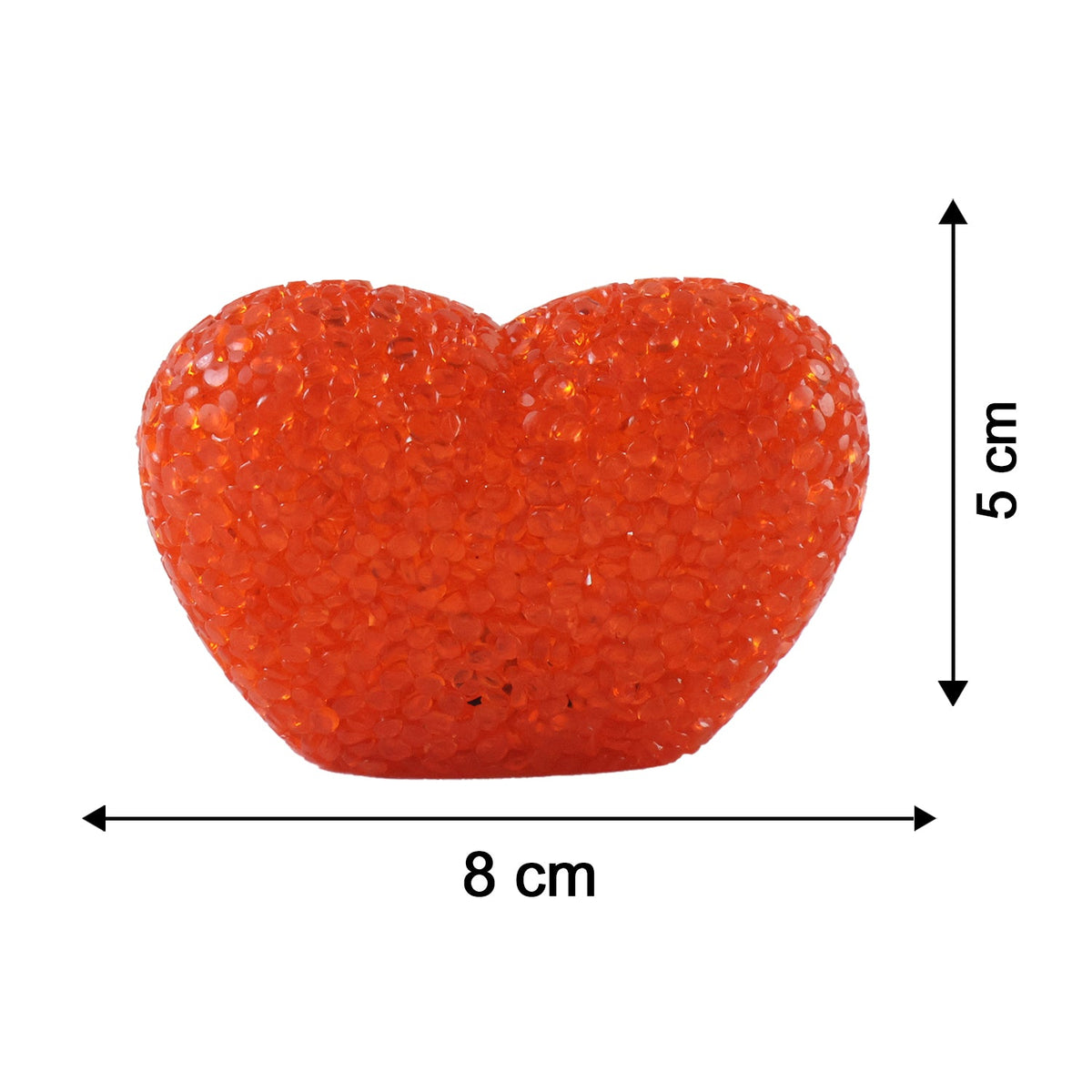 An orange, textured heart-shaped LED lamp is shown with dimensions: 8 cm wide and 5 cm high.