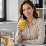 A smiling woman holds a yellow silicone cup with a dome lid and straw, with insets of the cup collapsed and on a desk.
