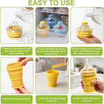 A six-step infographic demonstrating how to use the yellow silicone cup to make and enjoy an iced drink.