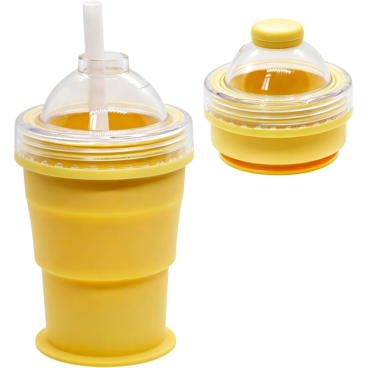 A yellow silicone cup with a straw and dome lid, shown next to the same cup collapsed into a compact disk shape.