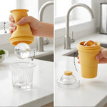 A two-panel image showing a hand squeezing a yellow silicone mold to release an ice sphere, and another hand placing an ice