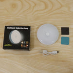 A black box labeled "Intelligent induction lamp," a white round LED light, a USB cable, and two adhesive pads on a wooden