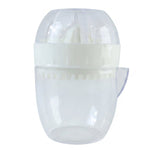 A white and clear plastic manual citrus squeezer with a domed top, handle, and reamer inside.