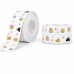 A large roll of white cartoon-printed sealing tape is shown next to two smaller stacked rolls on a white background.