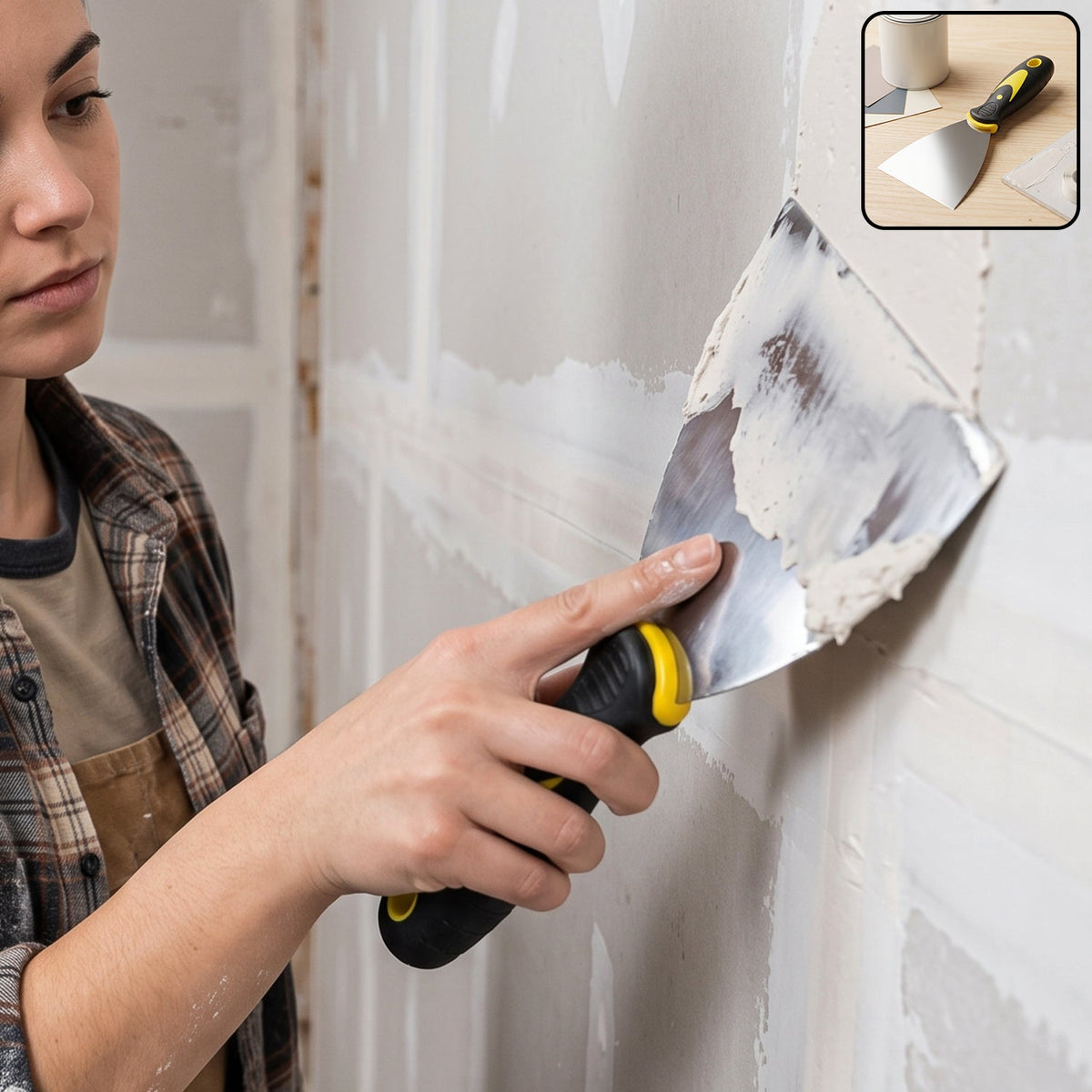 A person uses a stainless steel putty knife with a black and yellow handle to apply white putty to a wall.