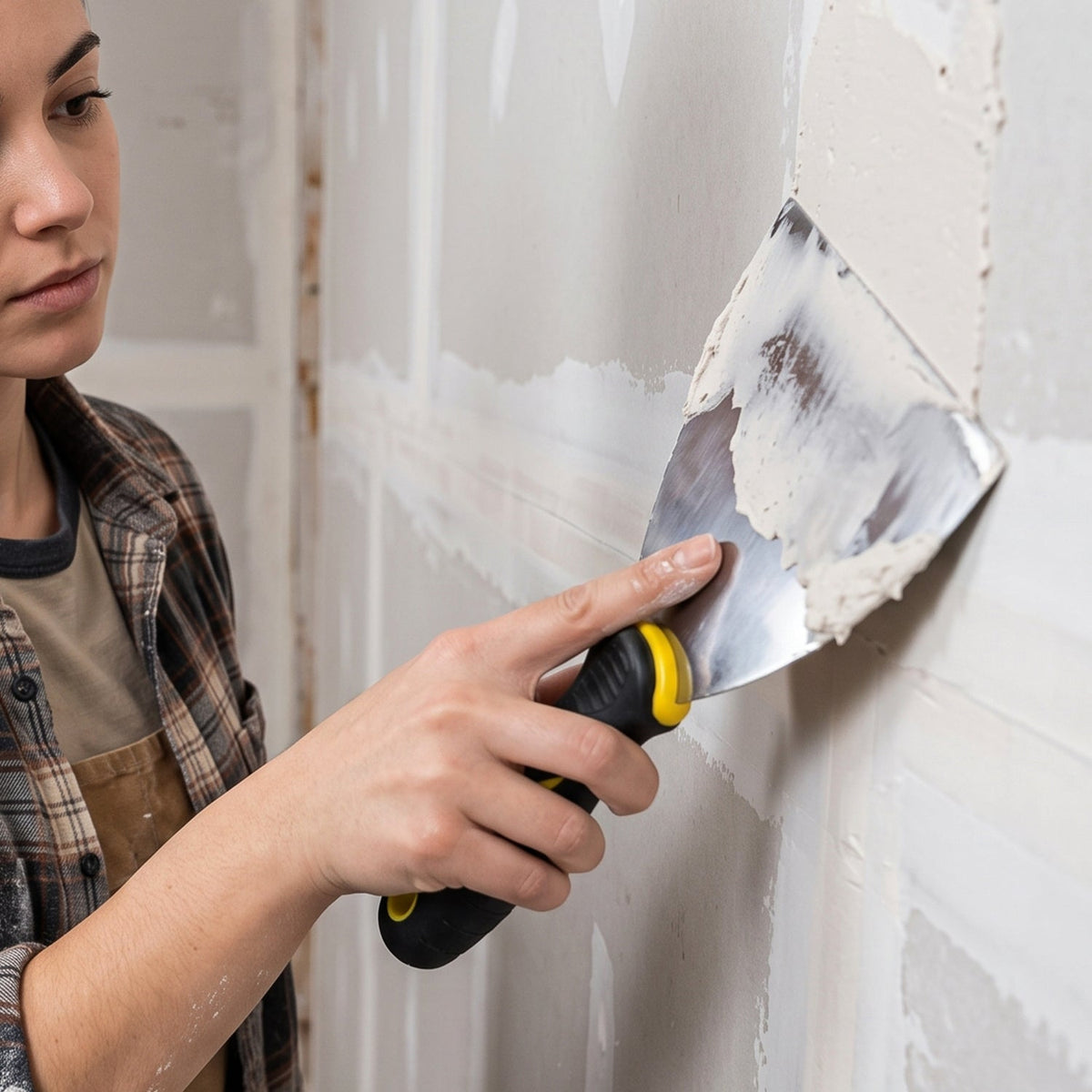 A person uses a stainless steel putty knife with a black and yellow handle to apply white putty to a wall. – view 3