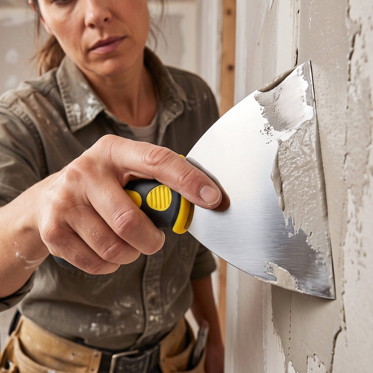 A person uses a stainless steel putty knife with a black and yellow handle to smooth white putty on a wall.