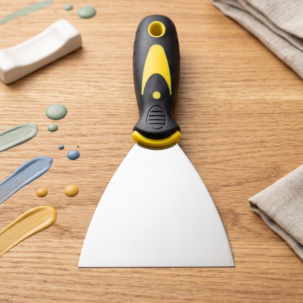 A stainless steel putty knife with a black and yellow handle rests on a wooden surface with colorful paint drops.