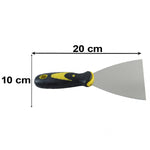 A stainless steel putty knife with a black and yellow handle is shown with dimensions of 20 cm by 10 cm.