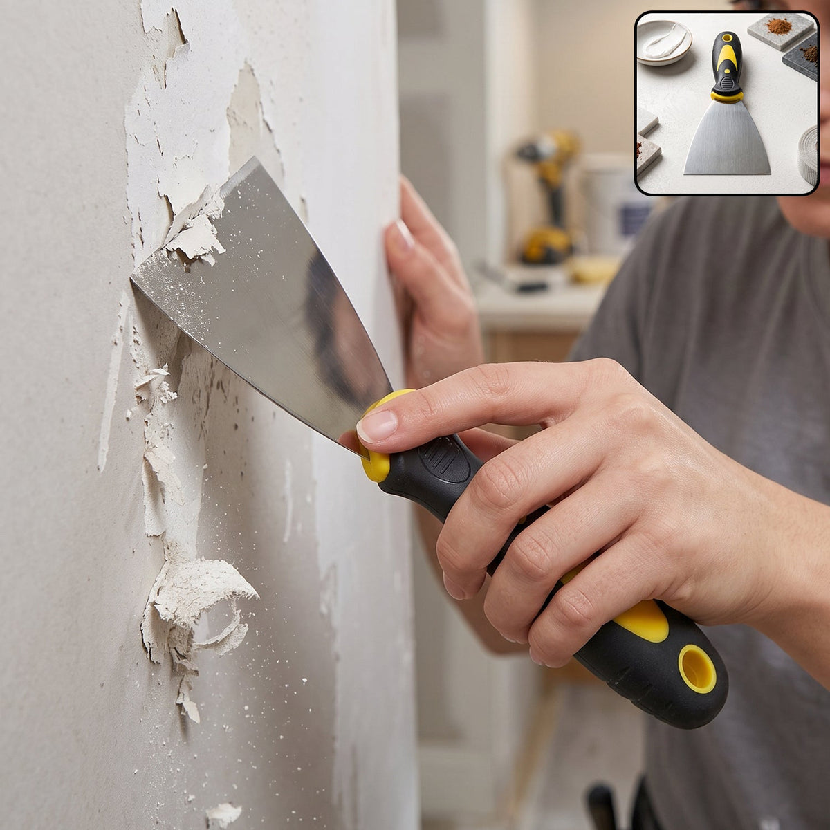 A person's hands using a black and yellow handled putty knife to scrape peeling paint off a light-colored wall