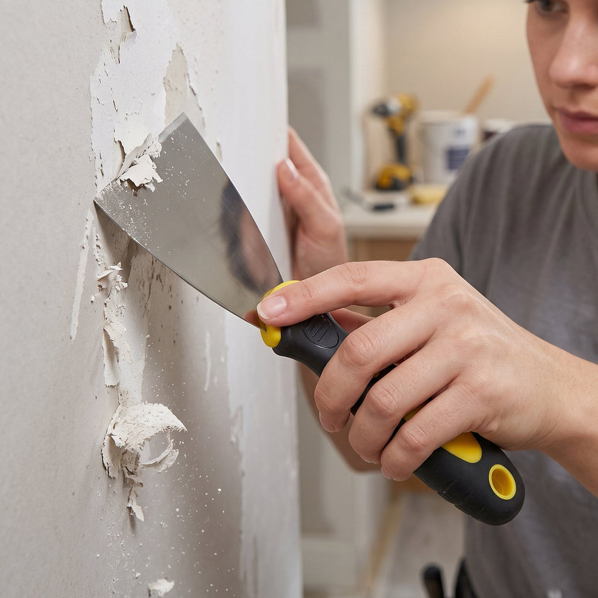 A person's hands using a black and yellow handled putty knife to scrape peeling paint off a light-colored wall.