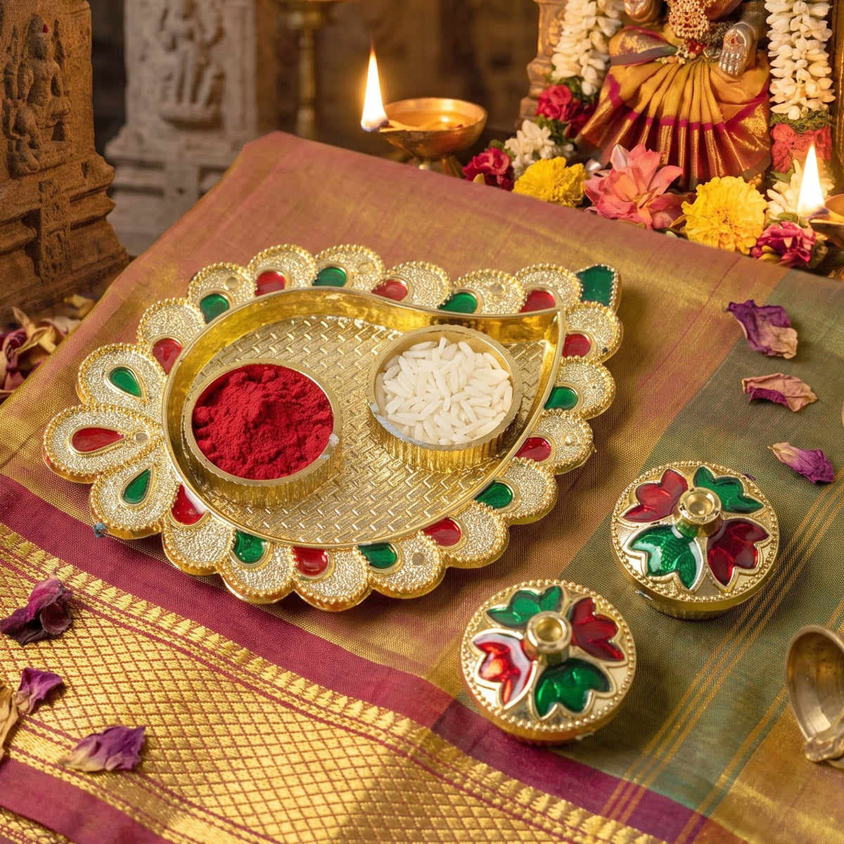 Mango Shape Kumkum Dish with 2 Diya Stands for Puja Thali Decor