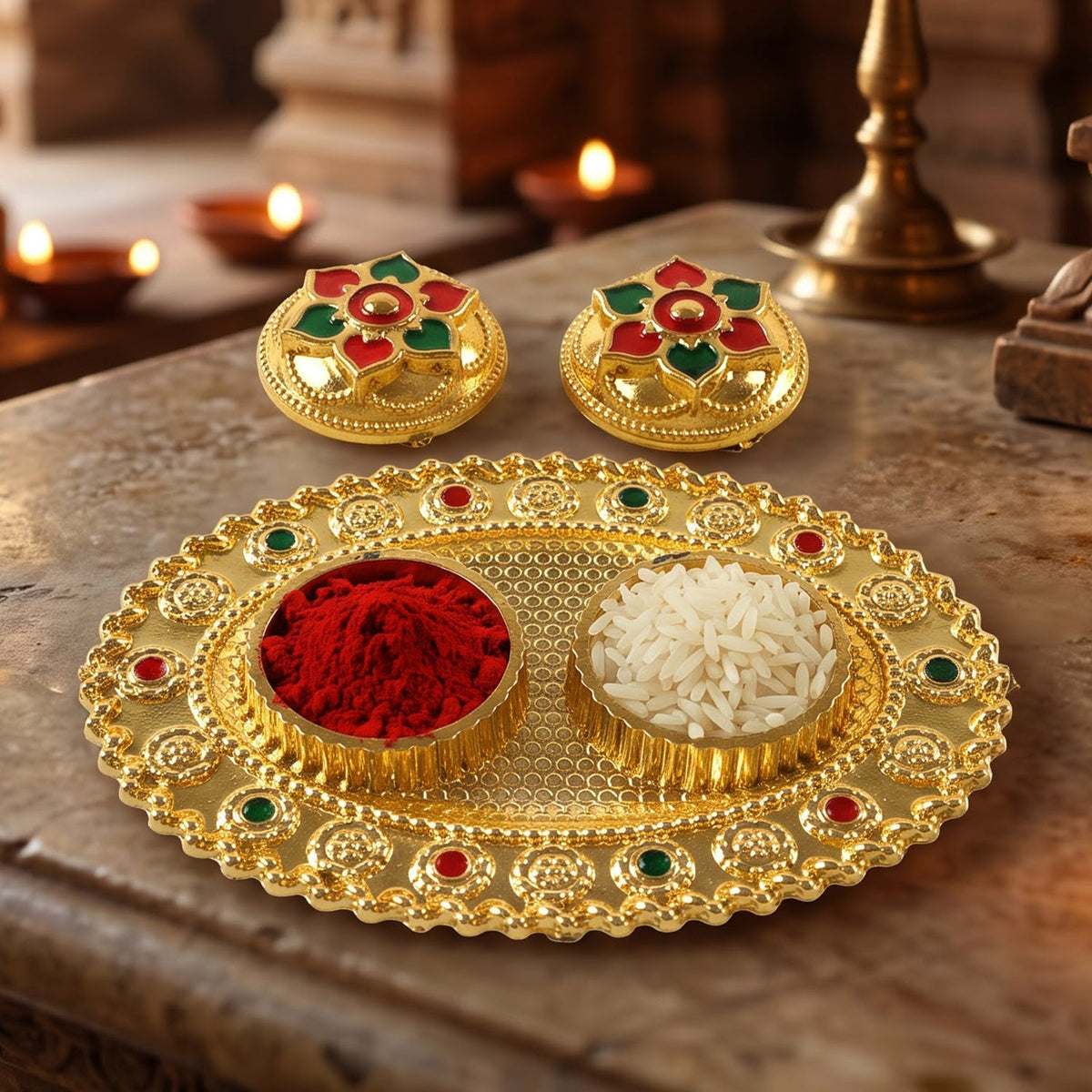 Oval Golden Kankavati Kumkum Holder with Meena Work Border