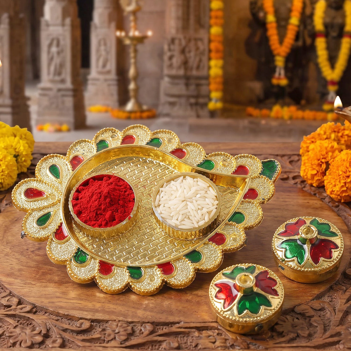 Mango Shape Kumkum Dish with 2 Diya Stands for Puja Thali Decor