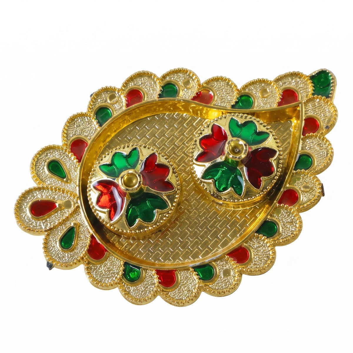 Mango Shape Kumkum Dish with 2 Diya Stands for Puja Thali Decor