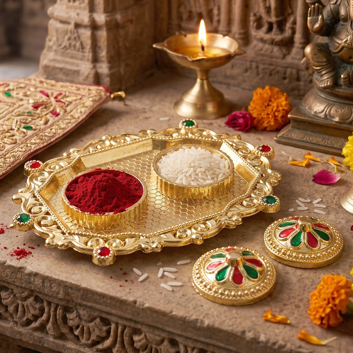 Decorative Golden Kankavati Kumkum Holder with Meenakari Lids