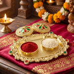 Decorative Golden Kankavati Kumkum Holder with Meenakari Lids