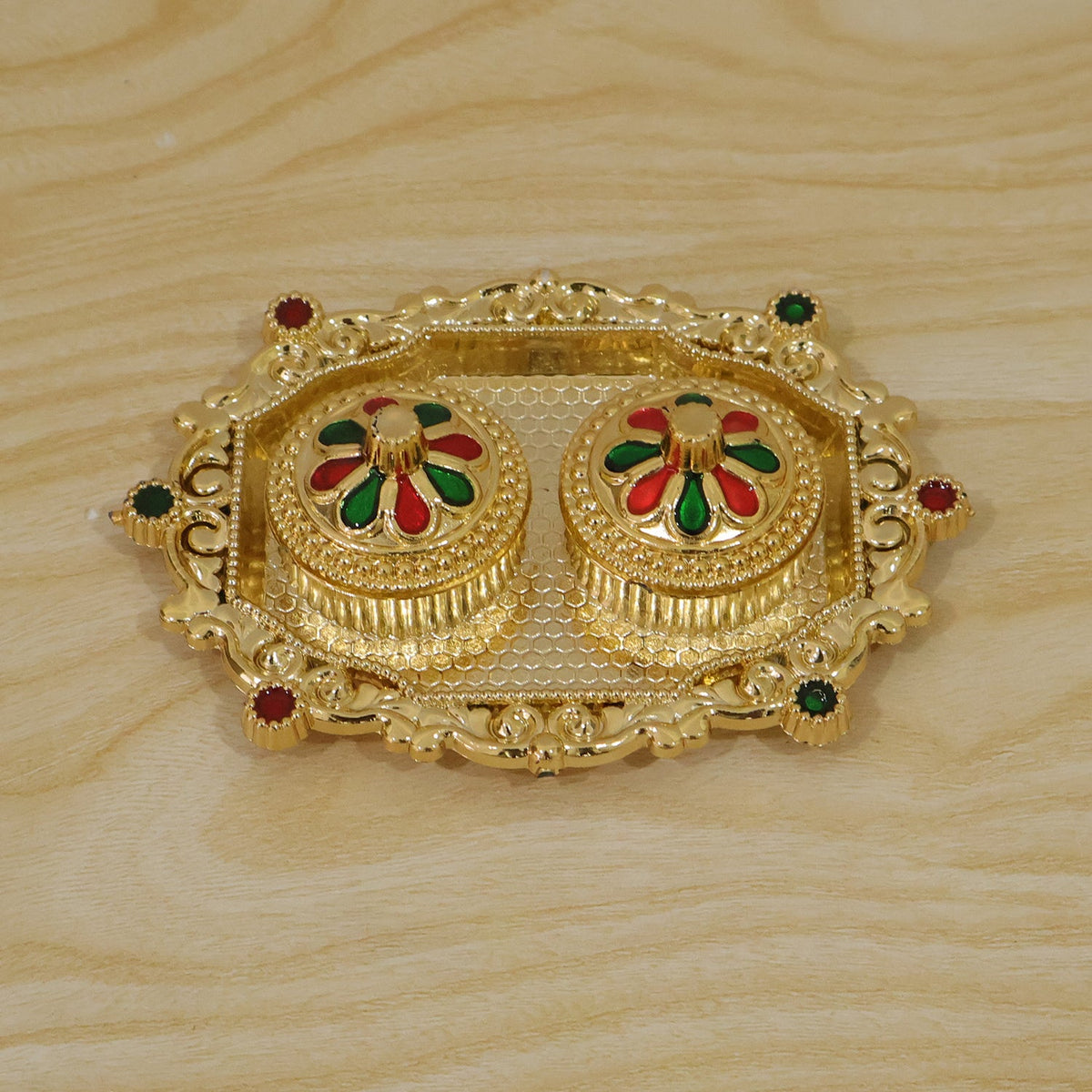 Decorative Golden Kankavati Kumkum Holder with Meenakari Lids