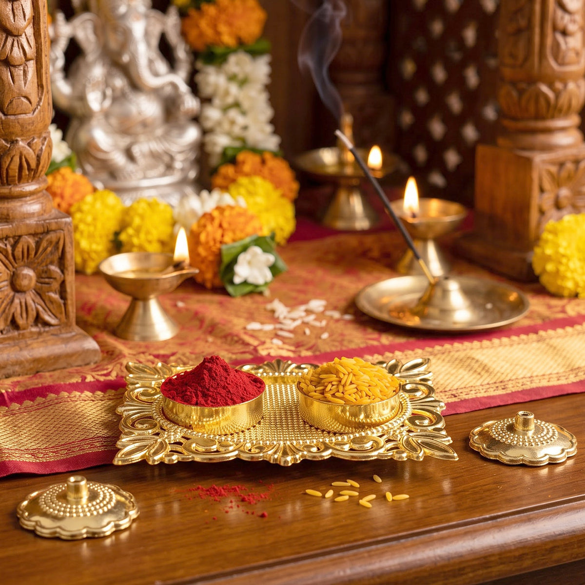 Golden Kankavati Kumkum Holder with Carved Frame and Lids
