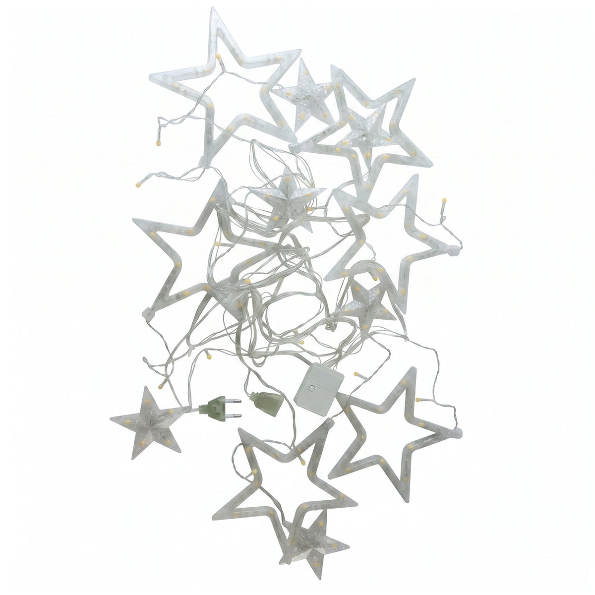 White star LED string lights on white background