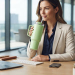 A woman in an office setting sips from a light green travel tumbler with a handle and straw, with a laptop and phone on the